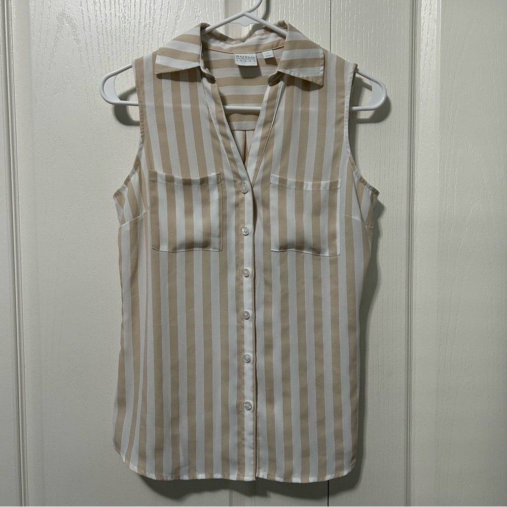 New York & Co SOHO Jeans V Neck Button Front Blouse Sleeveless XS Tan White